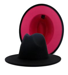 Black Pink DoubleSided Colour Matching Woollen Felt Hat Black Felt Band Decor Women Men Flat Brim Panama Fedora Hats6330529