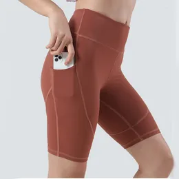 Active Shorts Women Side Pocket High Waist Fitness Yoga Solid Colour Soft Stretchy Workout Tights Female BuLift Running Gym