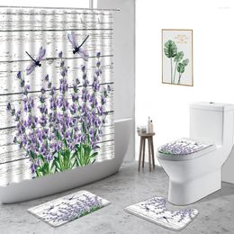 Shower Curtains Romantic Purple Lavender Curtain Air Balloon Plants Flowers Garden Scenery Bathroom Decor Non-Slip Bath Mat Carpet