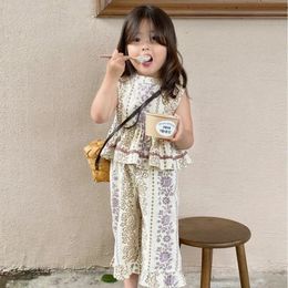 Girl Sets Floral Print Vest Tops Mosquito Pants Two Pieces Summer Baby Girls Clothing Set Casual Outfit and 240511