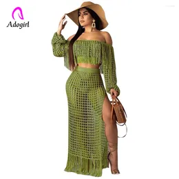 Work Dresses White Bathing Wear Cover Up Women 2 Piece Suit Fishnet Mesh Grid See Though Tassel Off Shoulder Crop Top And Maxi Skirts Beach