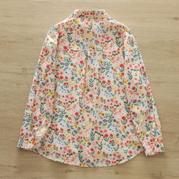 Women's Blouses Autumn Cotton Shirts Women Round Collar Cute Flower Print Tops Long Sleeve Pocket Loose Casual Spring V546