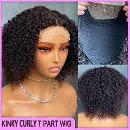 Vonder Malaysian Peruvian Brazilian Natural Black Kinky Curly T Part Wig 100% Raw Virgin Remy Human Hair 8 Inch On Sale