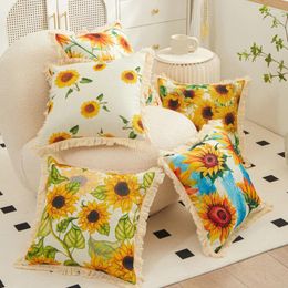 Pillow 45 45cm Sunflower Tassels Covers Waist Backrest Pillowcase Linen Printed Living Room Sofa Home Decorations