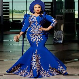 Royal Blue Arabic Women Mermaid Evening Dresses Robe De Soiree Satin Mother of the Bridal Gowns 3 4 Sleeves Plus Size Formal Party 250d