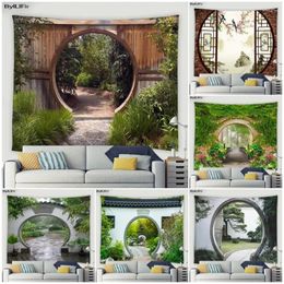 Tapestries Garden Landscape Tapestry Arch Moon Door Green Bamboo Plants Flowers Chinese Style Home Living Room Dorm Decoration Wall Hanging