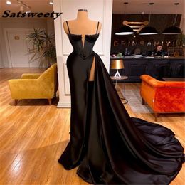 Sexy schwarze Falten Satin Long Meerjungfrau Prom Kleid 2021 Abend Gala -Kleider formelle Partykleid Besondere Anlass Kleider 3092