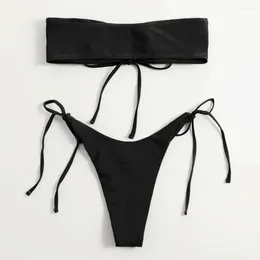 Women's Swimwear Strap Decorated Bikini Set Stylish With Bandeau Top High Waist Briefs Lace-up Detail Sexy For Beach