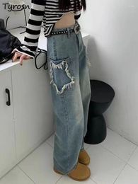 Women's Jeans Women Patchwork Daily Y2K Vintage Students Designer Bleached Fashion Special Straight Korean Style Simple Comfortable Chic