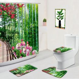 Shower Curtains Green Bamboo Flower Bathroom Set Spring Scenery Floral Flannel Non-Slip Rug Bath Mats Toilet Cover Mat Foot Pad