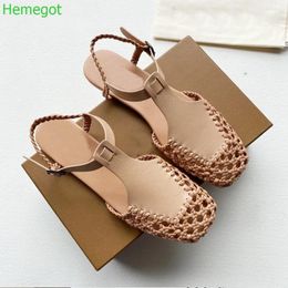 Casual Shoes Braided Hollow Mesh Flat Genuine Leather Retro Square Toe Mary Jane Roman Back Strap Black Brown Low Heel