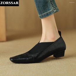 Casual Shoes Women's Flats Square Toe Elastic Band Slip On Flat Leather Women Low Heels Dress Comfortable Ladies Shoe