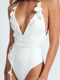 Fashion White Female Bikini Deep V Sexy Halter Rose Flowers Three-dimensional Decorative Strap Design 2024 Swimsuit