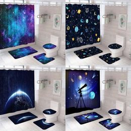 Shower Curtains Mystery Planet Curtain Sets Outer Space Blue Galaxy Fantasy Starry Sky Earth Bathroom Bath Mat Rug Toilet Cover