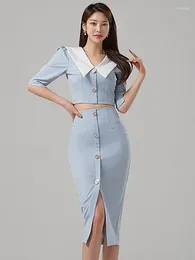 Work Dresses Korean Pretty Style 2 Piece Outfits Women Elegant Sexy Blue Lace Up Crop Tops Shirt Blouse Femme Slit Midi Skirts Set