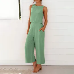 Women's Two Piece Pants Women Summer Casual Linen 2 Set Solid Elegant Suit Sleeveless Wide Leg Trouser 2024 In Matcing Sets