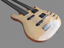 Factory Custom Double Neck Natural wood Colour Electric Guitar With 6+4 Strings Bass,Chrome Hardware,Mahogany body,Offer Customised