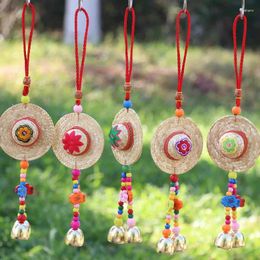 Decorative Figurines Handmade Chinese Ethnic Style Straw Hat Craft Wind Chime Car Pendant Wall Ornament Outdoor Garden Courtyard Aesthetic