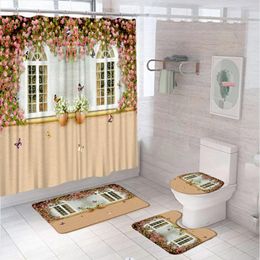 Shower Curtains 4Pcs Stone Wall Window Flower Curtain Set For Bathroom Rose Butterfly Garden Fabric Screen Anti-slip Toilet Rug Bath Mat