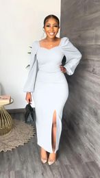 Casual Dresses Spring Elegant Solid Colour Long Prom For Women Square Collar Puff Sleeve Sexy Bodycon Slit Evening Cocktail Party Dress