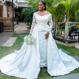 Ivory Mermaid Lace Wedding Dresses With Detachable Train Bridal Gowns Long Sleeves Off The Shoulder Neckline Satin Vestido De Novia