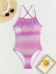 Women's Swimwear Sexy PU Faux Leather Cross Back Women One Piece Swimsuit Female High Leg Cut Backless Bather Bathing Suit Swim K5399