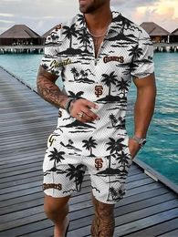 Conjunto de pólo havaiano conjuntos de traje de traje de verão 3d roupas de praia pólo shorts de 2pcs conjuntos de zíper em árvore de coco casual homem 240513