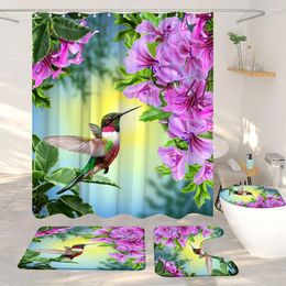 Shower Curtains Flowers Green Plants Bathroom Set With Curtain And Rug Red Leaves Hanging Bath Mat Decor