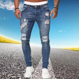 Mens open front tight fitting jeans blue slim fit suitable for holes pencil pants cyclists casual Trousers Streetwear high-quality denim mens clothing 240508