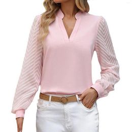 Women's Blouses Autumn Spring Chiffon Shirt Long Sleeve Solid Color V Neck Tees Spliced Elegant Tops Clothes