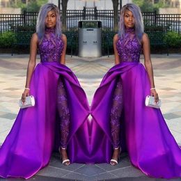 Classic Jumpsuits Prom Dresses With Detachable Train High Neck Lace Appliqued Bead Evening Gowns Luxury African Party Women Pant Suits 219P