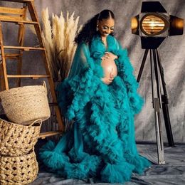 Teal Evening Dresses Robes for Maternity Photography Puffy Ruffled Photo Shoot Bridal Tulle Dress See Through Long Prop Party Gown 2014