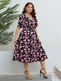 Plus size Dresses Plus Size Floral Print Wrapped V-Neck Women Dresses Short Slves A-Line Bohemia Robe Casual Lady Vacation Large Size Clothing Y240510