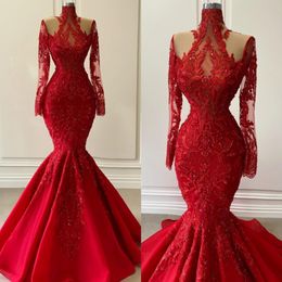 Modest Red Lace Mermaid Arabic Dubai Evening Dresses Appliques Beaded Long Prom Formal Gowns Full Sleeves 2022 Robe De Soiree 1788