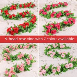 Decorative Flowers 9 Flower Heads Silk Roses Wall Decorations Rattan Strips For Wedding Fake Leaves Diy Hanging