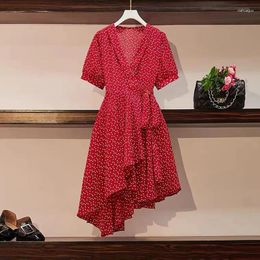 Party Dresses Women's Floral Dress 2024 Summer Retro French Red V-neck Short-sleeved Bandage Chiffon Irregular Mid-length