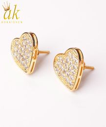 14MM Width Heartshaped Gold Colour Stud Earring For Men Women Full Cubic Zircon Screw Back Fashion Hip Hop Jewellery Gift6148635