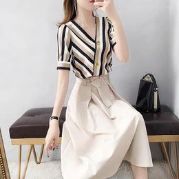 Party Dresses Elegant Women Blouses T-shirt & Striped Maxi Dress Summer Slim V Stripe Button Neck 2 Pieces Sets Female Casual Lady