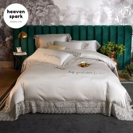 Bedding Sets 8 Colours Luxury Lace Home 4Pcs Solid Embroidery 100S Egyptian Cotton Set King Size Duvet Cover Quilt