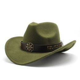 New Women's Men Wool Western Cowboy Hat Brim Gentleman Dad Jazz Equestrian Sombrero Hombre Fedora Cap Size 56-58CM