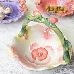 Plates Nordic Pastoral Hand-painted Flowers Fruit Plate Ceramic Household Bowl Creative Hand-held Dessert Tableware