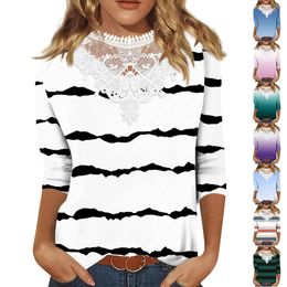 Women's T Shirts 3/4 Length Sleeve Womens Tops Casual Loose Fit Lace V-neck Cute Print Three Quarter Tunic Clothing