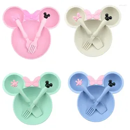 Dinnerware Sets Cartoon Bowl Tableware Set Wheat Straw Dishes Dinner Feeding Plate Bowknot Spoon Fork