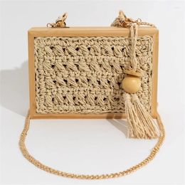 Storage Bags Fashion Wooden Box Straw Designer Wicker Woven Women Handbags Luxury Chains Rattan Shoulder Crossbody Summer Beach Bag