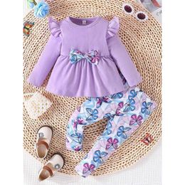 Clothing Sets Clothing Set For Kid Girl 3-24 Months Long Sleeve Purple Blouse and Cartoon Butterfly Long Pants Outfit For Newborn BabyL2405