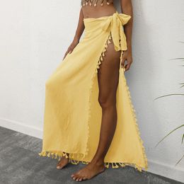 Women Swimsuit Pareo Scarf Beach Cover Up Wrap Kaftan Sarong Tassels SeeThrough Tied HighWaist Split Skirt Beachwear for Mujer 240508