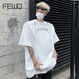 Men's T Shirts FEWQ T-shirt Design Shoulder Pad Printed Letter Short Sleeved Metal Buckle Round Neck Male Tops Fashion 24X9155