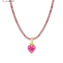 Stainless Steel Heart Pendant Tennis Chain Fashion Colorful Pink Zircon Love Chokers Necklace Full Diamond Link Wholesale