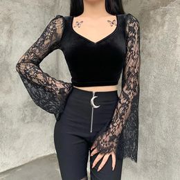 Women's T Shirts Velvet Lace Top Harajuku Sexy Perspective Long-sleeved Vintage Gothic Crop Female Autumn Elegant And Beautiful Basic