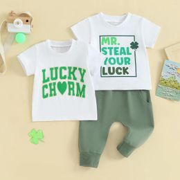 Clothing Sets CitgeeSummer St. Patrick's Day Toddler Boys Outfit Short Sleeve Letter Clover Print Tops And Drawstring Pants Set
